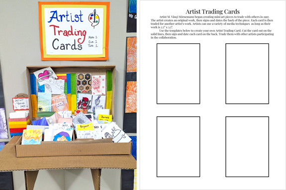 A full look at the Artist Trading Cards center, with instructions to make one, give one, take one. Artist Trading Cards template with instructions.