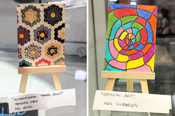 Ms. Rossi (special education teacher), Dancing through Europe, photograph of handmade quilt. Mrs. Sweeney (speech therapist), Optical Art, colored pencil and marker.