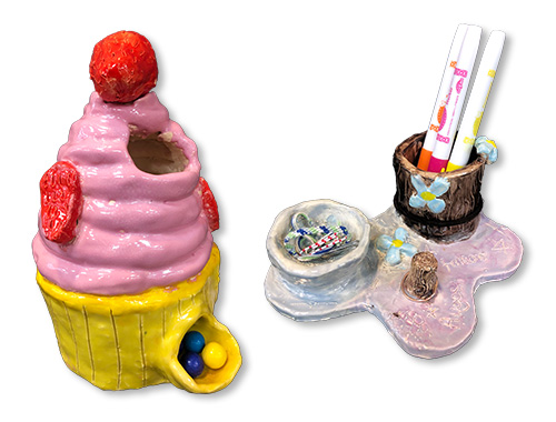 Clay sculptures that double as holders for jewelry and other items.