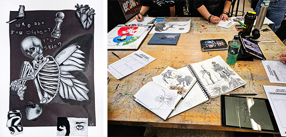 Left: Avery W., Untitled. Right: Students engage in a gallery walk and small-group critique during Feedback Friday.