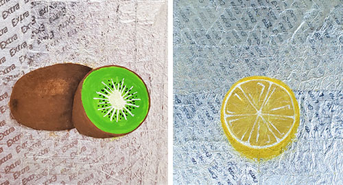 Kiwi painting and lemon painting on gum wrappers, SchoolArts magazine, April 2024.