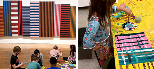 Left: After viewing Sean Scully's large-scale paintings, students experiment with color, pattern, and line on the gallery floor. Credit: Philadelphia Museum of Art. Right: A student at work on their paneled pieces.