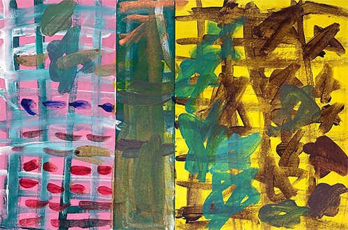 Patterns featuring grids and dots connect to make an orderly and balanced composition.