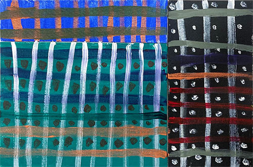 Patterns featuring grids and dots connect to make an orderly and balanced composition.
