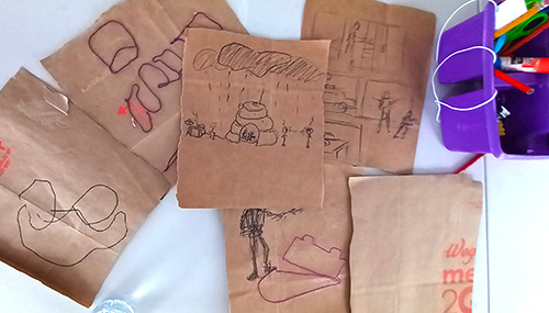Drawings and doodles from an elementary storytelling activity from the article, Redrawing the Classroom as a Model of Mindfulness.