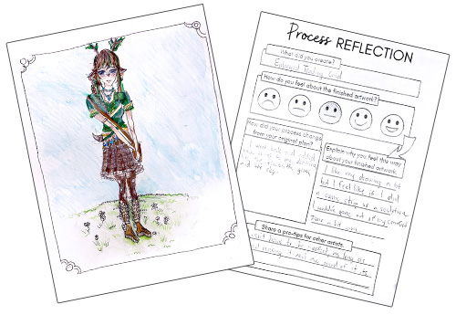Left: A studentʼs character drawing enlarged as a trading card. Right: The studentʼs assessment of their trading card and art-making process.