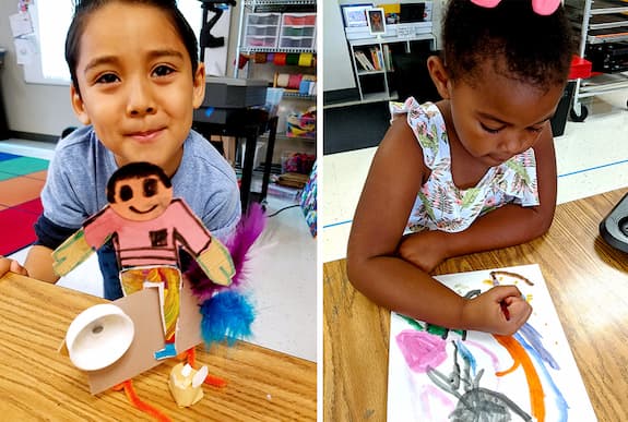 Teaching for Artistic Behavior, TAB, SchoolArts magazine article, Left: Leo, kindergarten, created a mixed-media sculpture based on a favorite theme: chickens! Right: A student uses tempera cake paints.