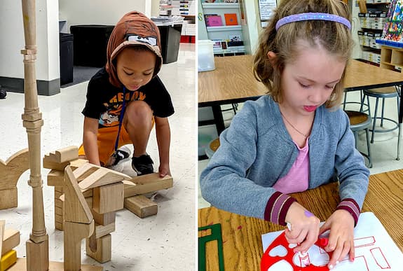Teaching for Artistic Behavior, TAB, SchoolArts magazine article, Left: Avin, kindergarten, builds with wooden blocks in the Architecture Center. Right: Ruth, kindergarten, works with stencils and markers in the Drawing Center.