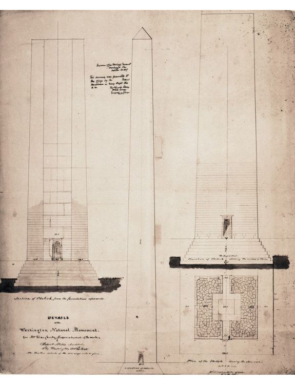 Robert Mills, Details of the Washington Monument for Mr Daugherty, Superintendaen of the Work, Washington, DC, October 24, 1848, ink drawing on paper, 23.8 x 36.6 cm Courtesy of Historic New England, Boston