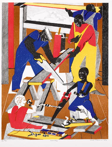 Lithograph by Jacob Lawrence titled Workshop (1972).