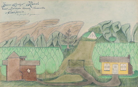 Drawing by Joseph Yoakum titled Zaine Gray's Ranch.
