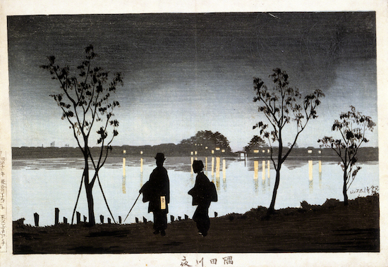 Print entitled "Evening Along the Sumida" by Kobayashi Kiyochika.