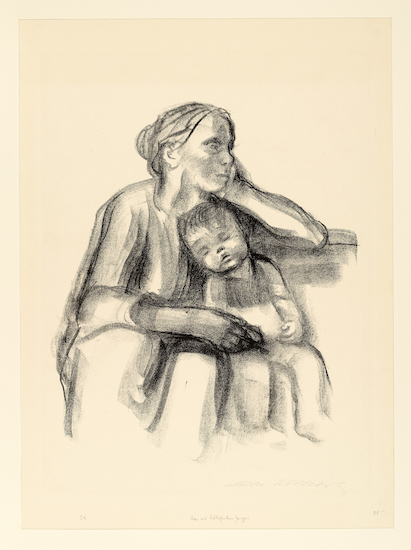 Lithograph by Kaethe Kollwitz titled "Working Woman with Sleeping Boy"