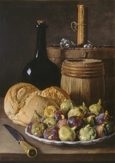 Painting titled Still Life with Figs and Bread by Luis Melendez.
