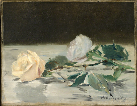 Painting by Edouard Manet titled Two Roses on Tablecloth.