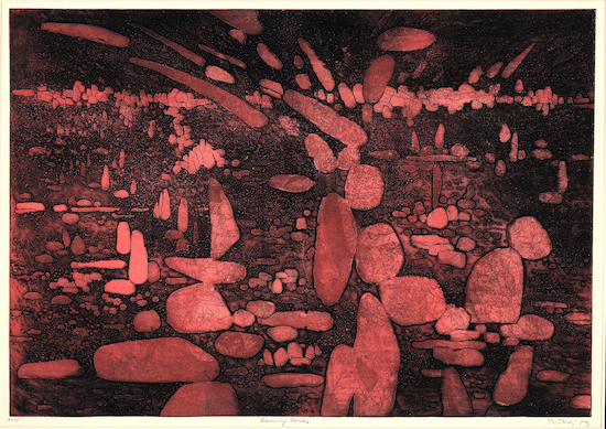 Print by Gabor Peterdi titled "Burning Rocks"