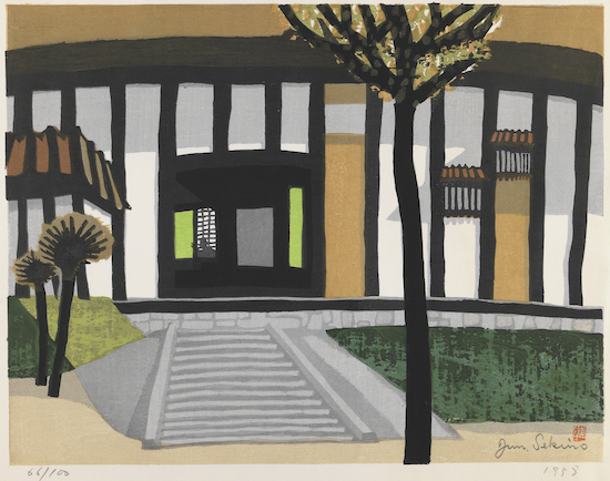 Woodblock print by Sekino Junichiro entitled Japanese Inn.
