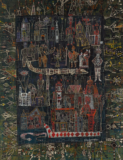Painting by Ynez Johnston titled Dark Jungle (1950).