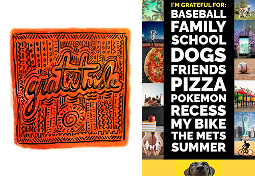 One student's orange and black artwork with the word gratitude in the center, and another student's digital poster design with words and images of gratitude, from The Gratitude Project art lesson.