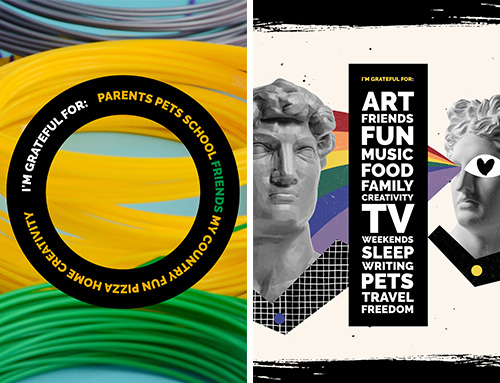 Two students' colorful, digital poster designs that include images and words expressing gratitude, from The Gratitude Project art lesson.