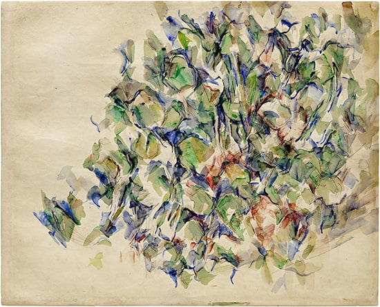 Painting by Paul Cézanne titled Foliage (1895). Foliage in green, blue, and red against a beige background.