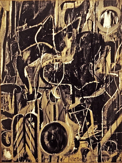 Oil painting by Willem de Kooning titled Light in August (ca. 1946). Abstract lines and shapes in black, browns, and yellows.