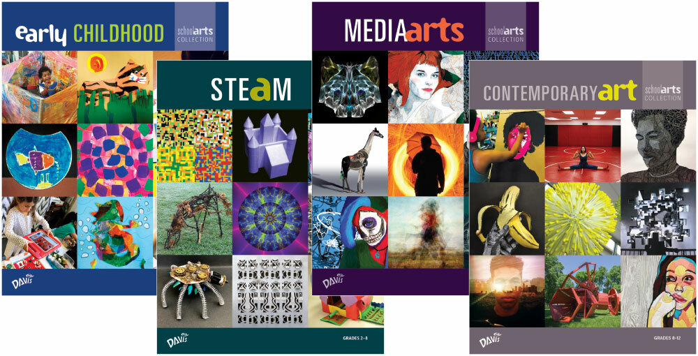 Covers of the k-12 art lessons books, early childhood art lessons book, STEAM art lessons book, media arts lessons book, contemporary art lessons book