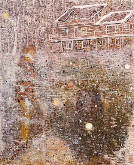 Painting by Peter Doig titled Pink Snow (1991).